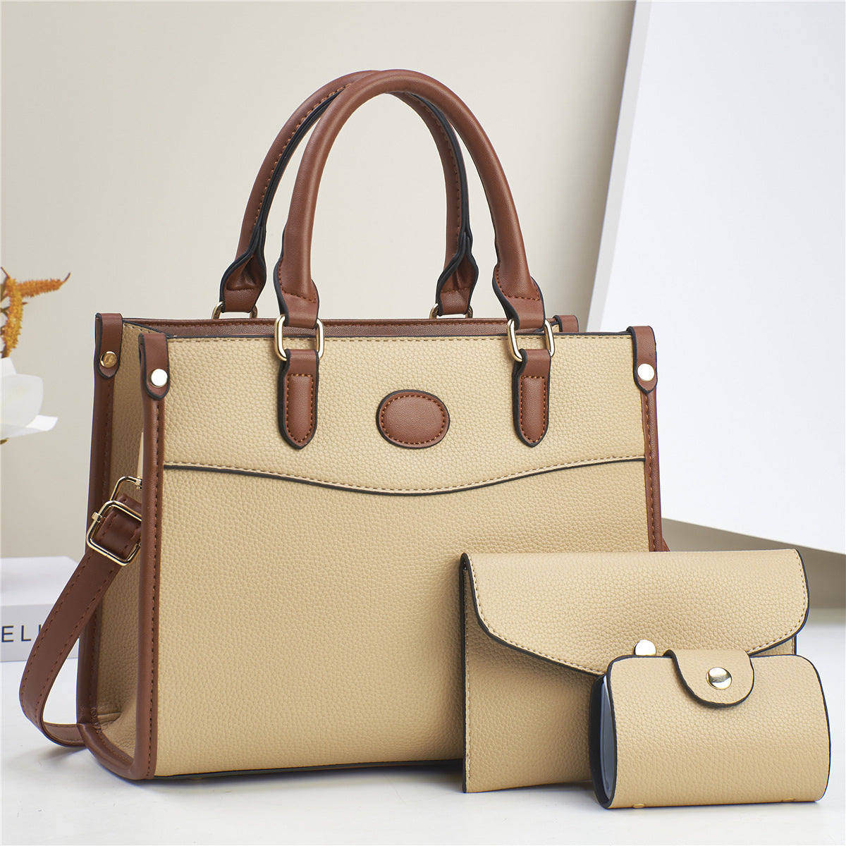 Golden Heir stylish three-piece shoulder bag set for women and mother-and-child bags, featuring apricot-colored handbags.