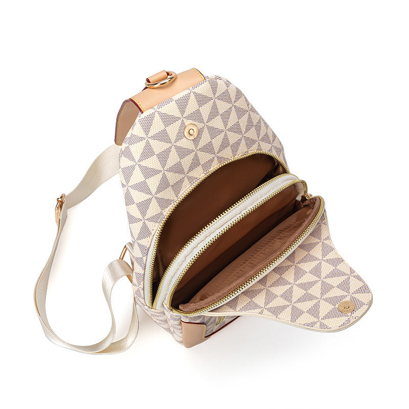 Beige men's crossbody bag by Golden Heir, large-capacity retro-style portable chest bag with multiple compartments.