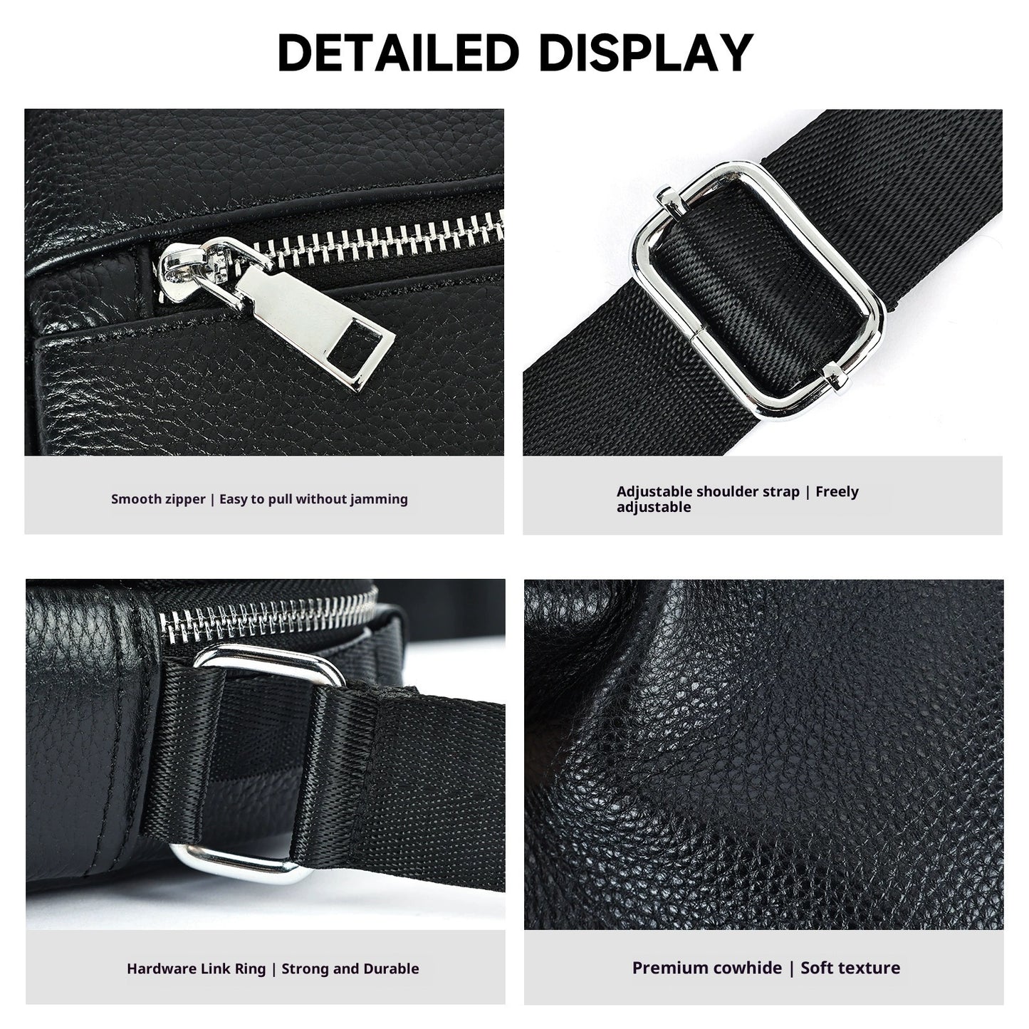 Black men's crossbody bag made of first layer cowhide leather by Golden Heir, featuring a compact, stylish design with adjustable strap.