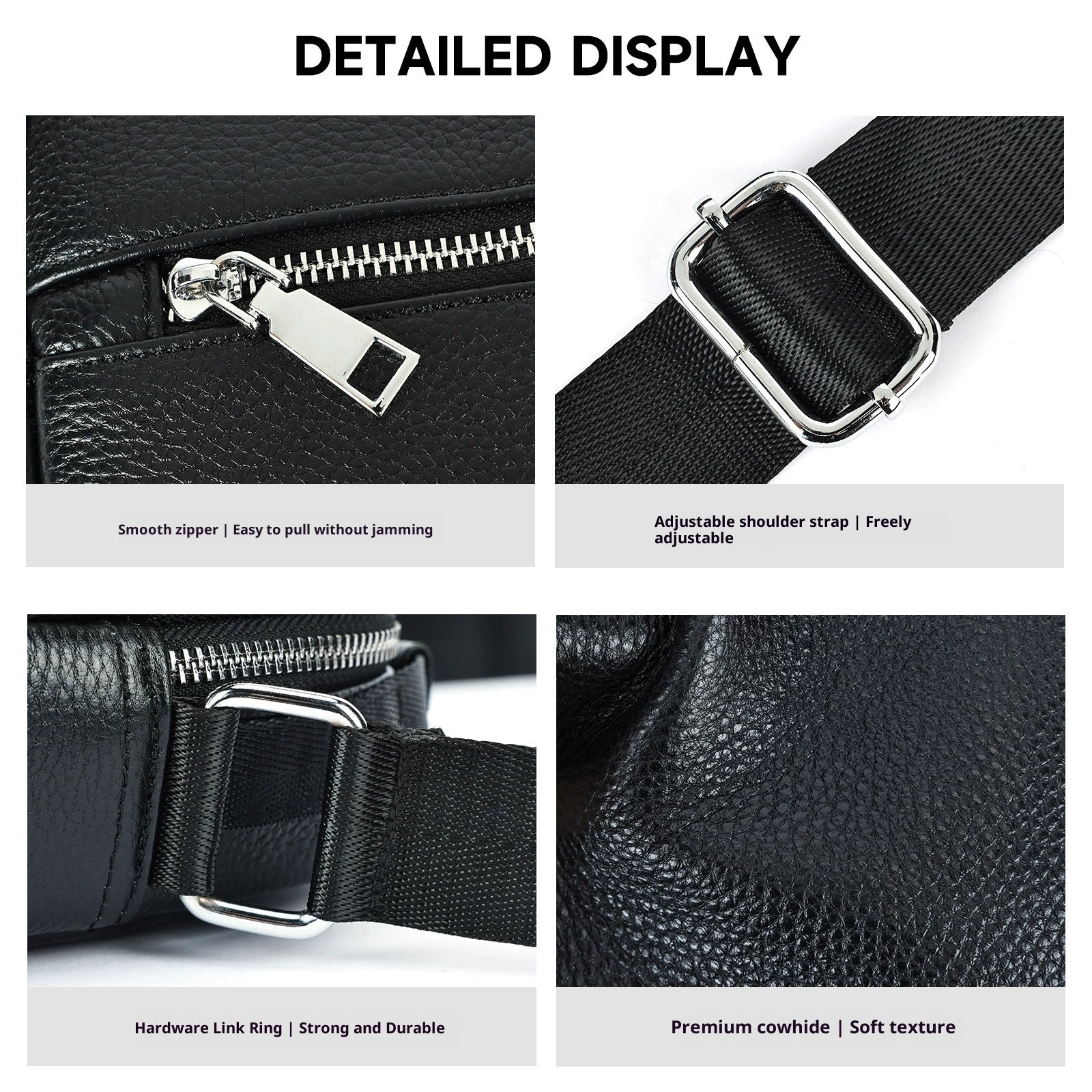 Black men's crossbody bag made of first layer cowhide leather by Golden Heir, featuring a compact, stylish design with adjustable strap.