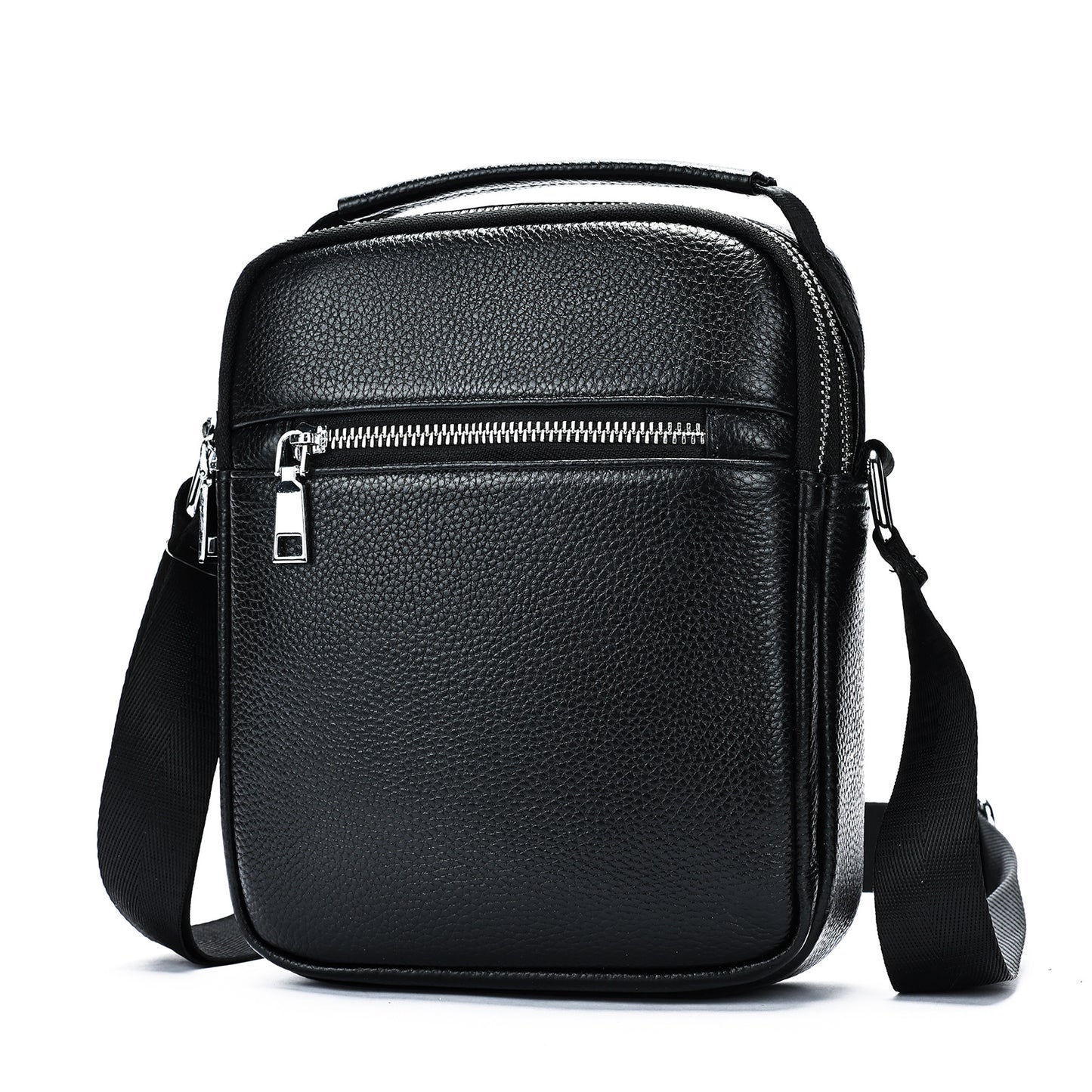 Black men's first layer cowhide crossbody bag by Golden Heir, with adjustable strap and spacious interior, compact and stylish.