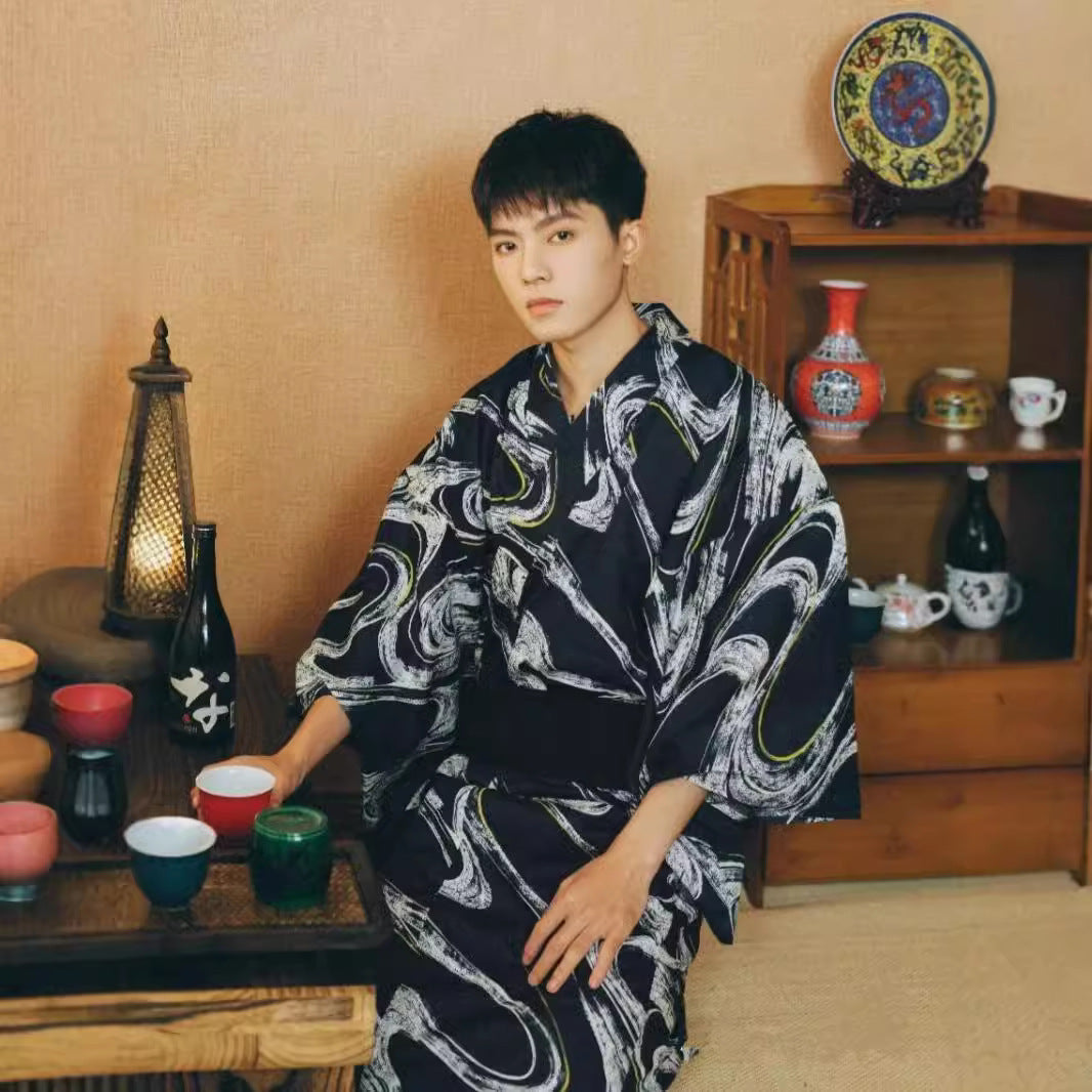 Golden Heir men's traditional Japanese kimono bath robe with belt, casual formal wear, free size, detailed fabric and classic design.