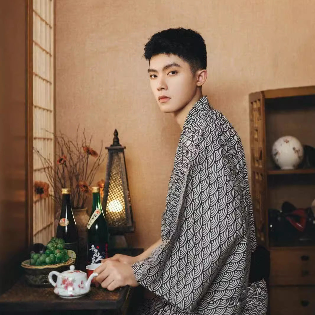 Men's traditional Japanese kimono bath robe by Golden Heir, belt-free, formal wear, lightweight and comfortable for men.