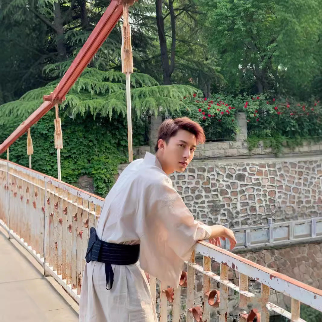 Golden Heir men's traditional Japanese kimono bath robe with belt, free size, featuring formal wear style and intricate fabric details.