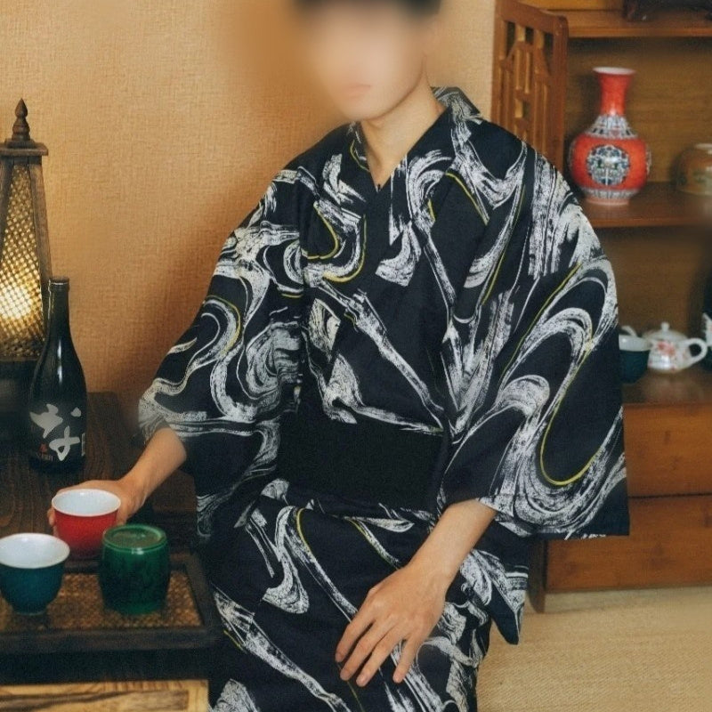 Golden Heir men's traditional Japanese kimono bath robe with belt, free size, formal wear, soft fabric, and elegant design.