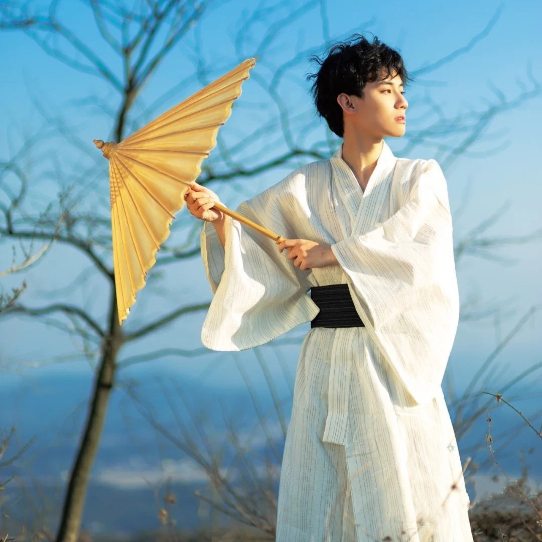 Golden Heir men's traditional Japanese kimono bath robe with belt, free size, formal wear, featuring classic kimono design.