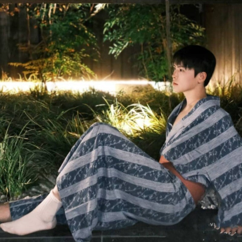 Men's traditional Japanese kimono bath robe by Golden Heir, belt-free, formal wear, in a free size with intricate fabric details.