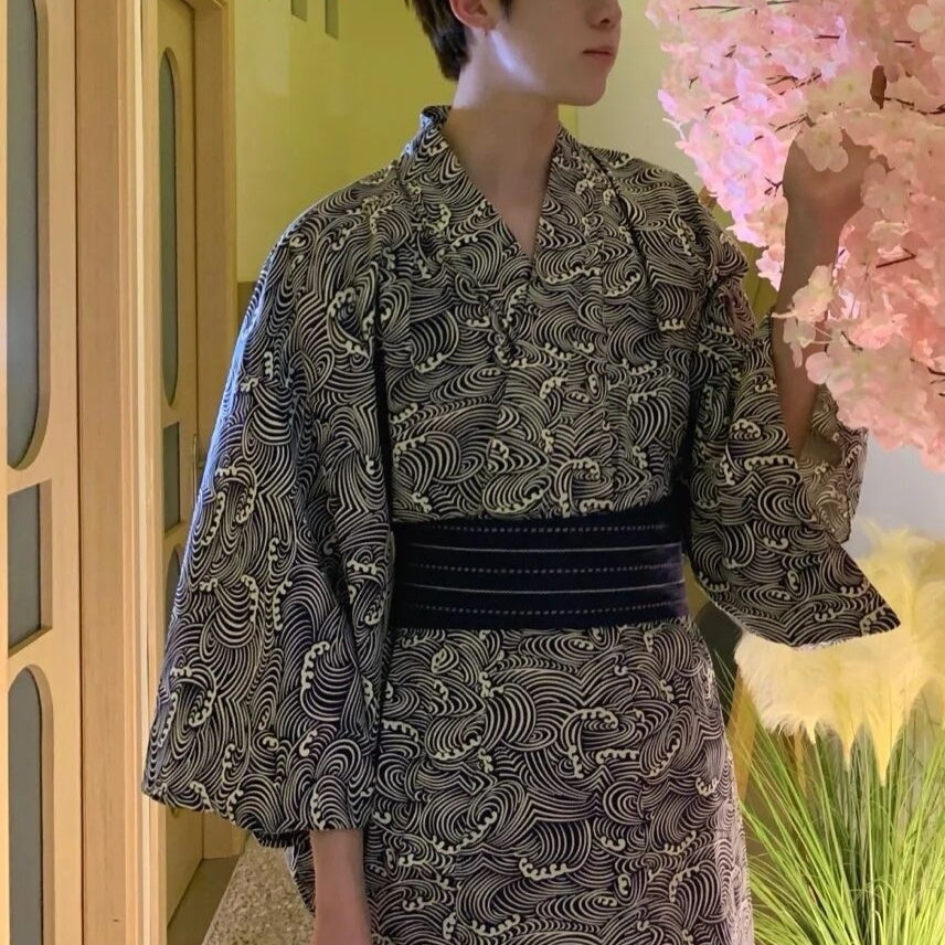 Golden Heir men's traditional Japanese kimono bath robe with belt, free size, formal wear, soft fabric, and intricate design.