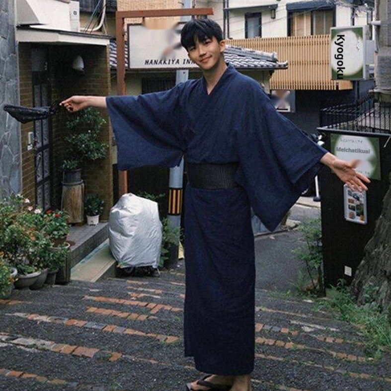 Golden Heir men's traditional Japanese kimono bath robe with belt, free size, formal wear, lightweight and comfortable for everyday use.