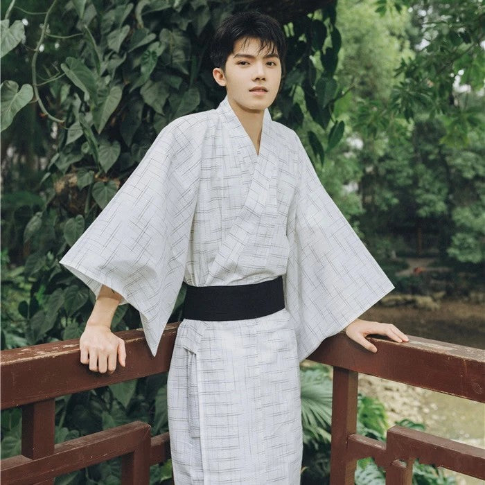 Golden Heir men's traditional Japanese kimono bath robe with belt, free size, formal wear, made of lightweight fabric.