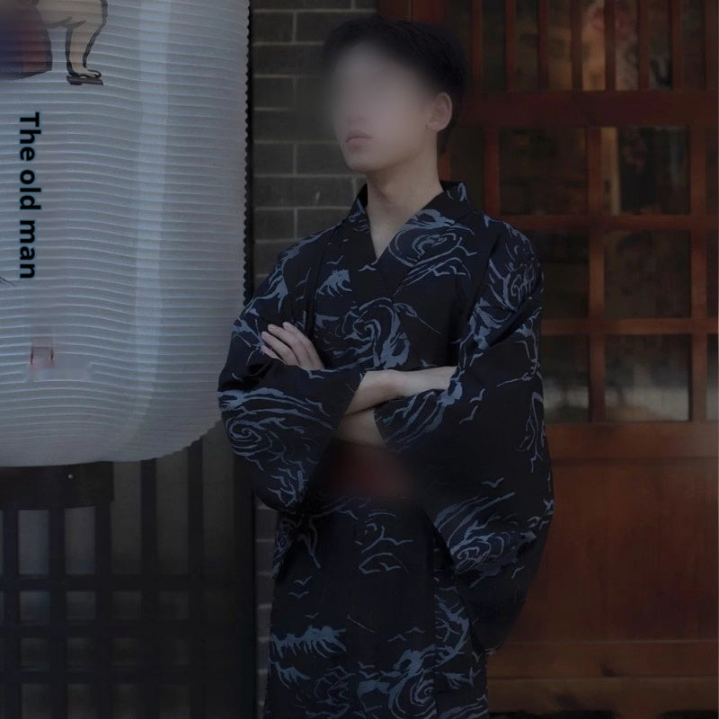 Men's traditional Japanese kimono bath robe by Golden Heir, featuring a belt-free, formal style in a sleek design.