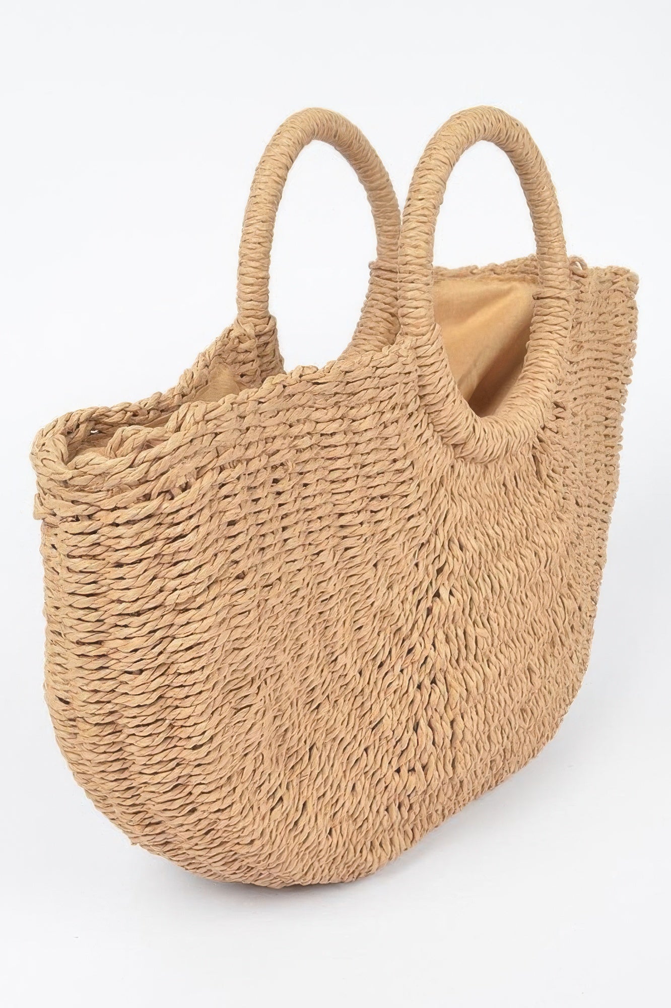 Golden Heir beach bag in khaki and gold with sturdy handles, perfect for carrying essentials to the beach.