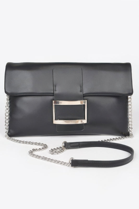 Golden Heir metallic faux leather clutch bag with buckle closure, black with gold accents, stylish evening accessory.