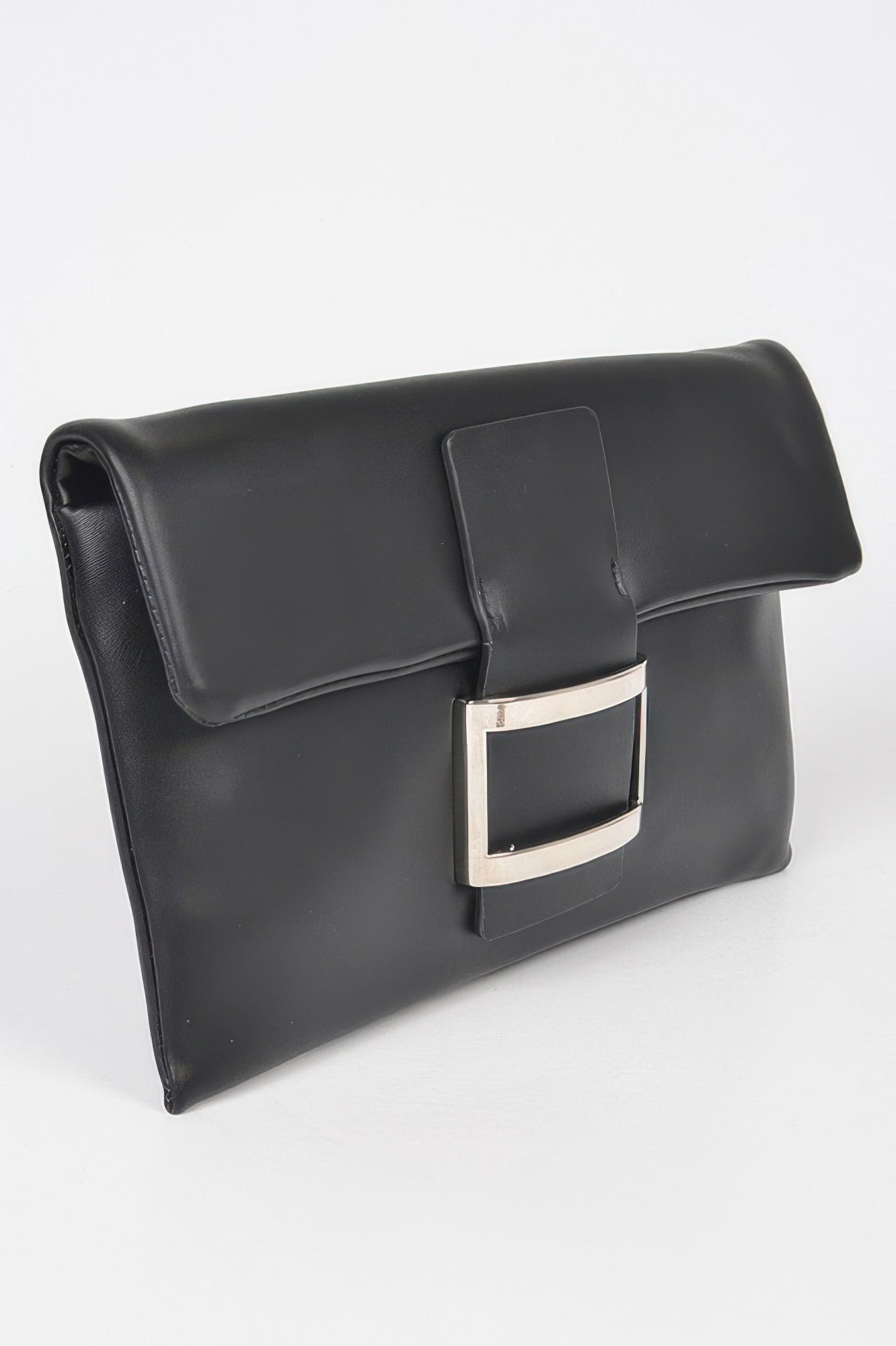 Golden Heir metallic faux leather clutch bag with buckle detail, black with gold accents, stylish and compact evening accessory.