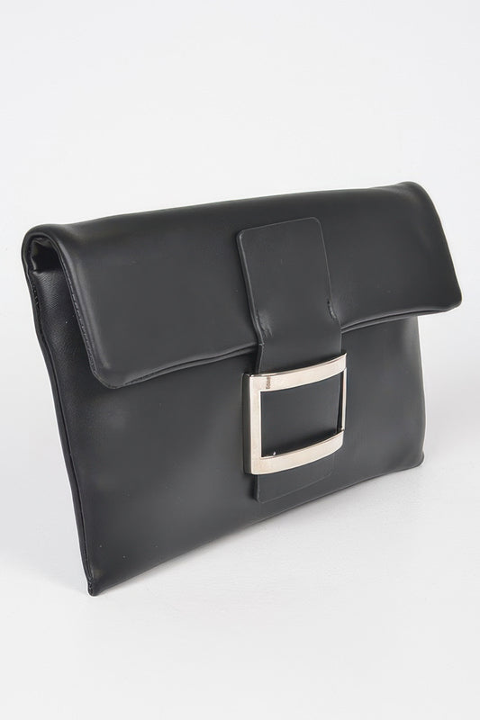 Golden Heir metallic faux leather clutch bag with buckle detail, black with gold accents, stylish and compact evening accessory.