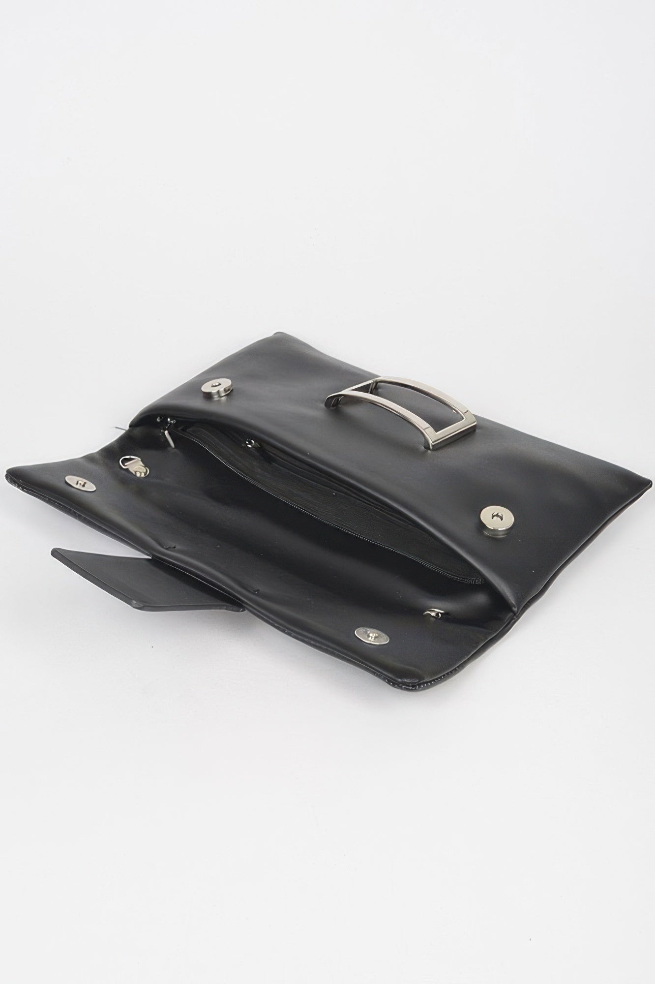 Golden Heir metallic faux leather clutch bag with buckle detail, black finish, elegant accessory for evening or formal occasions.