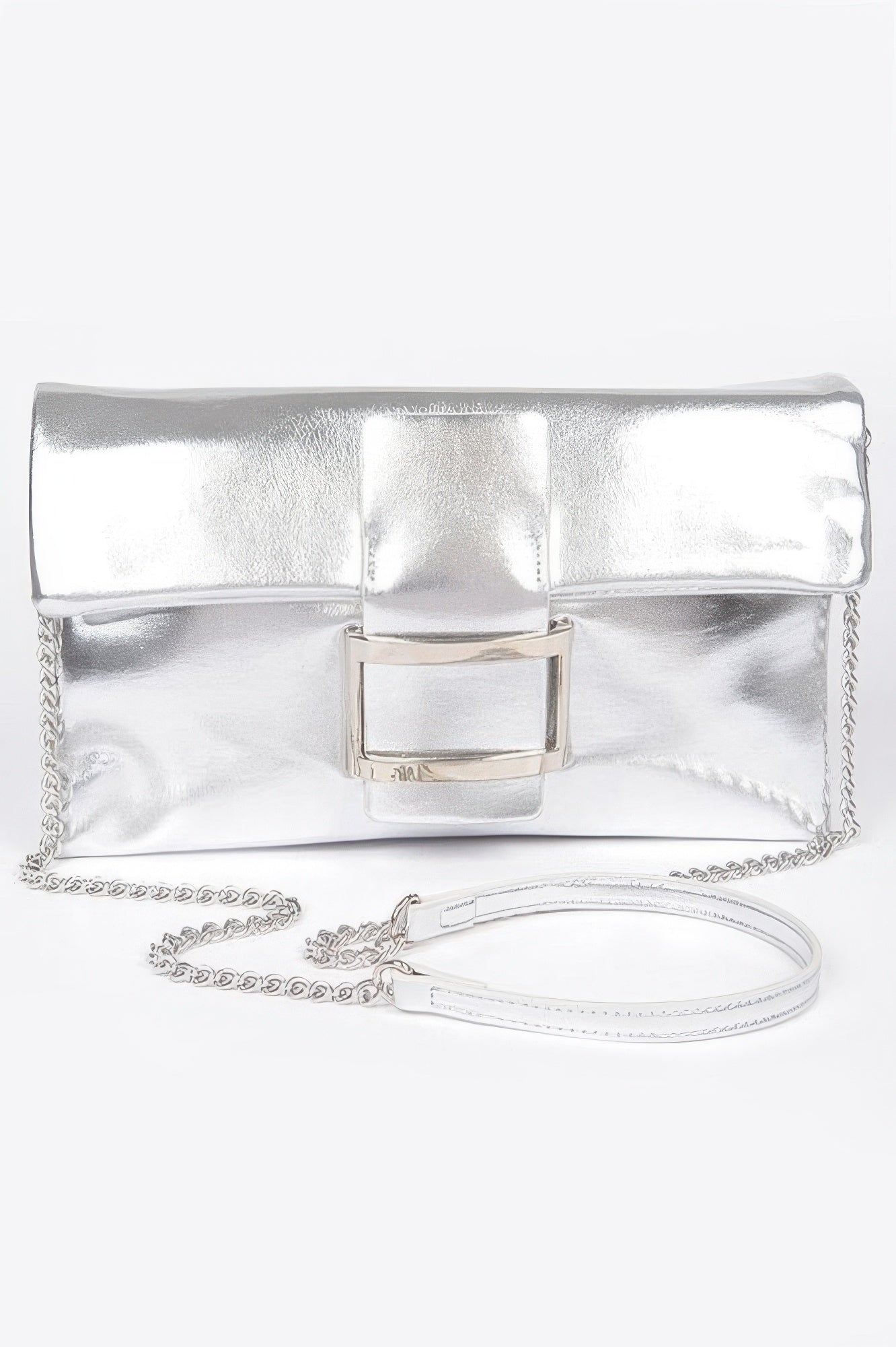 Golden Heir metallic faux leather clutch bag with buckle detail, black and gold finish, stylish evening accessory