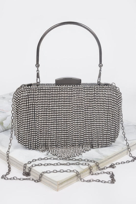 Golden Heir rhinestone fringe hard clutch bag with black finish, featuring shimmering rhinestones and a stylish, compact design.
