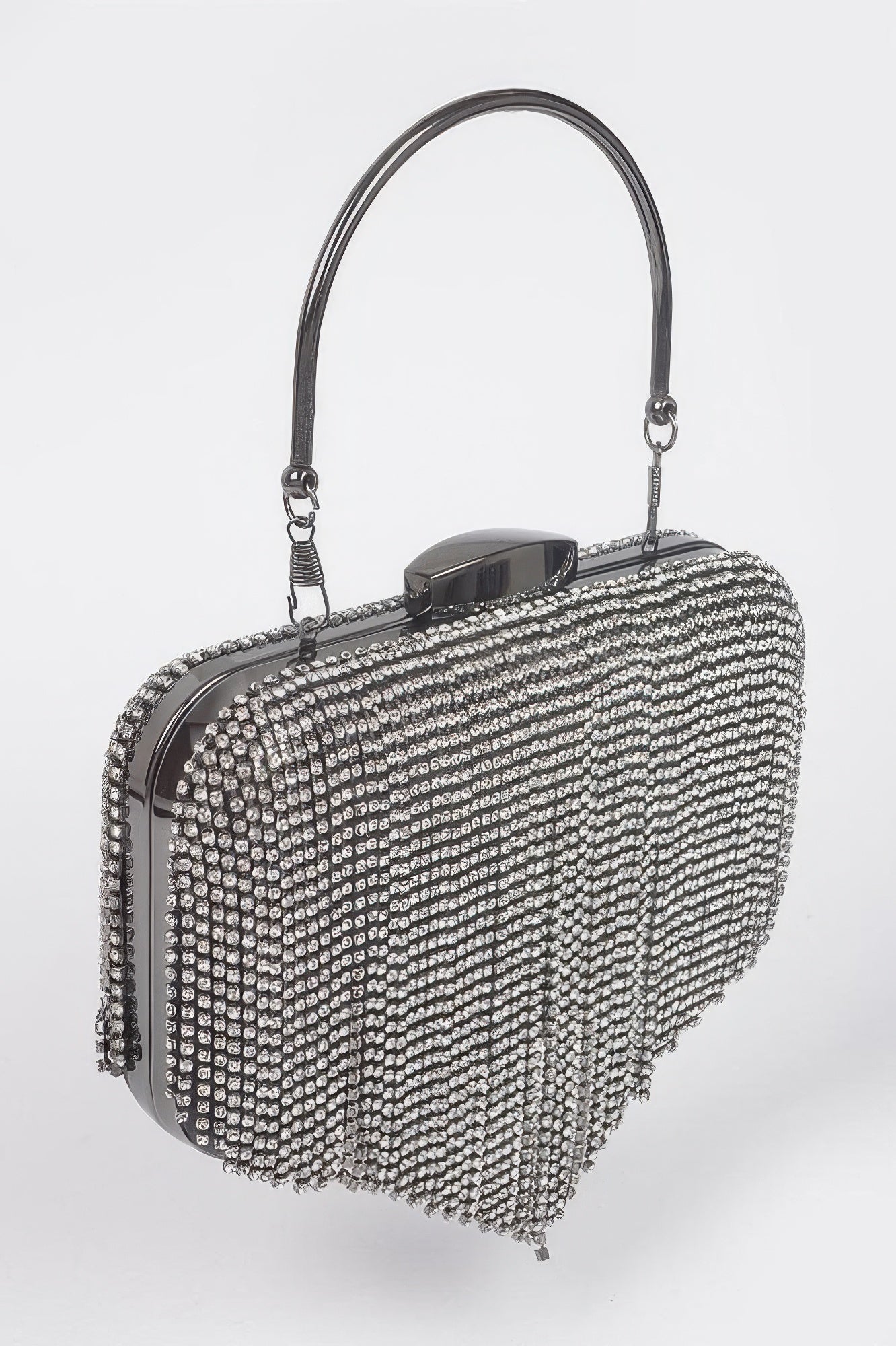 Golden Heir rhinestone fringe hard clutch bag in black with sparkling rhinestones and gold-tone accents.