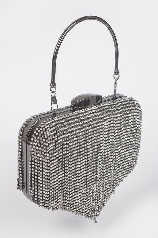 Golden Heir rhinestone fringe hard clutch bag in black with sparkling rhinestones and gold-tone accents.