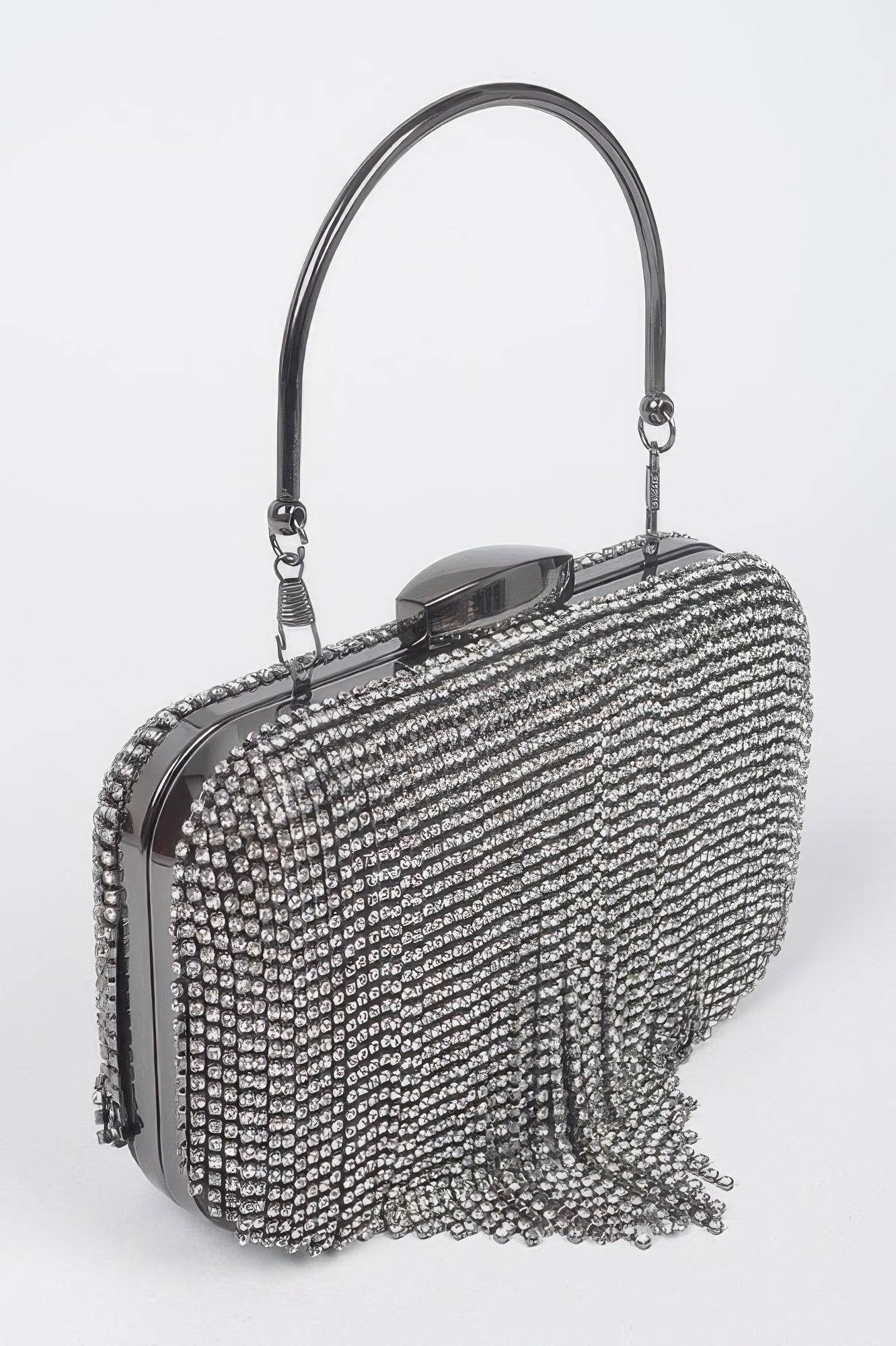Golden Heir Rhinestone Fringe Hard Clutch bag with black and gold detailing, sparkling rhinestones, and a structured design.