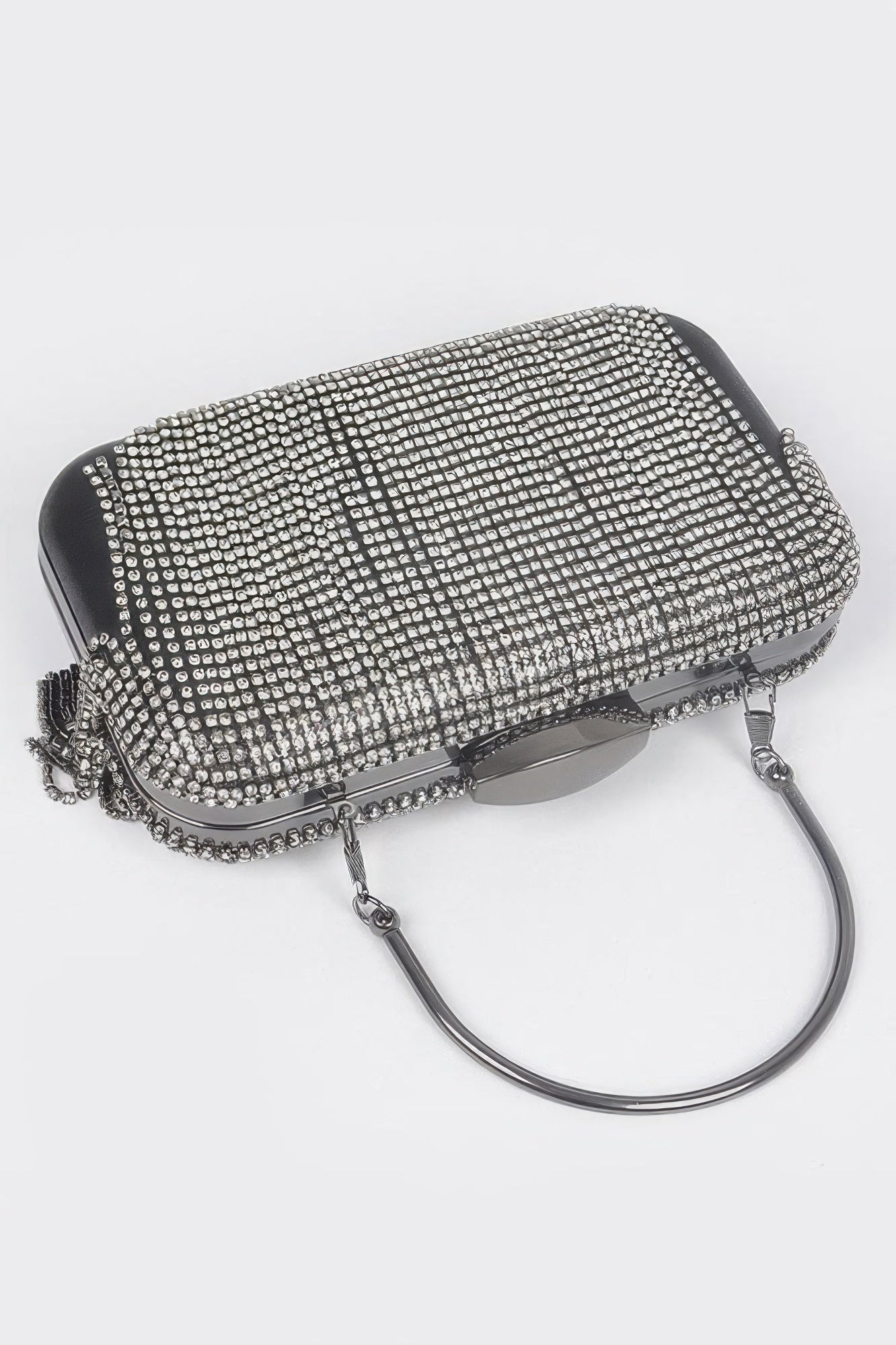Golden Heir rhinestone fringe hard clutch bag with black design, featuring sparkling rhinestones and a sleek, structured shape.