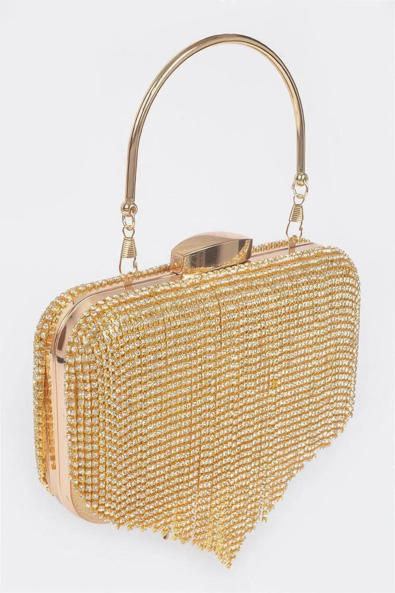 Golden Heir rhinestone fringe hard clutch bag with black accents, featuring sparkling rhinestones and a sleek, structured design.