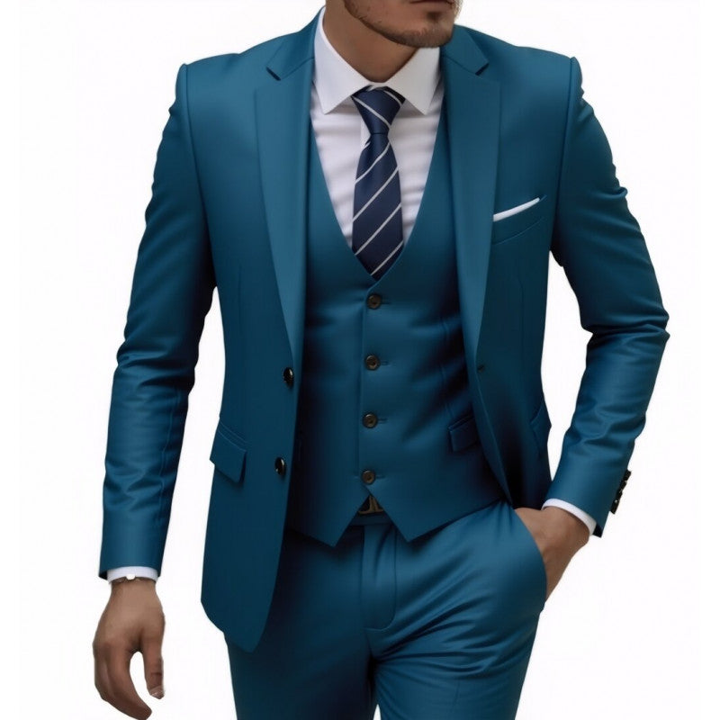 Army green three-piece men's wedding best man blazer suit by Golden Heir, showing the jacket, vest, and trousers.