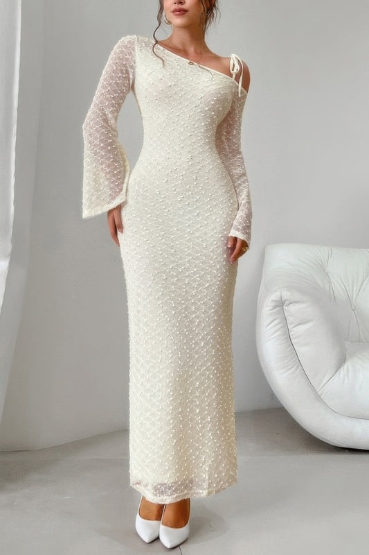 Golden Heir beige off-shoulder sculpt bodycon midi dress displayed on a model, highlighting its fitted silhouette and elegant design.