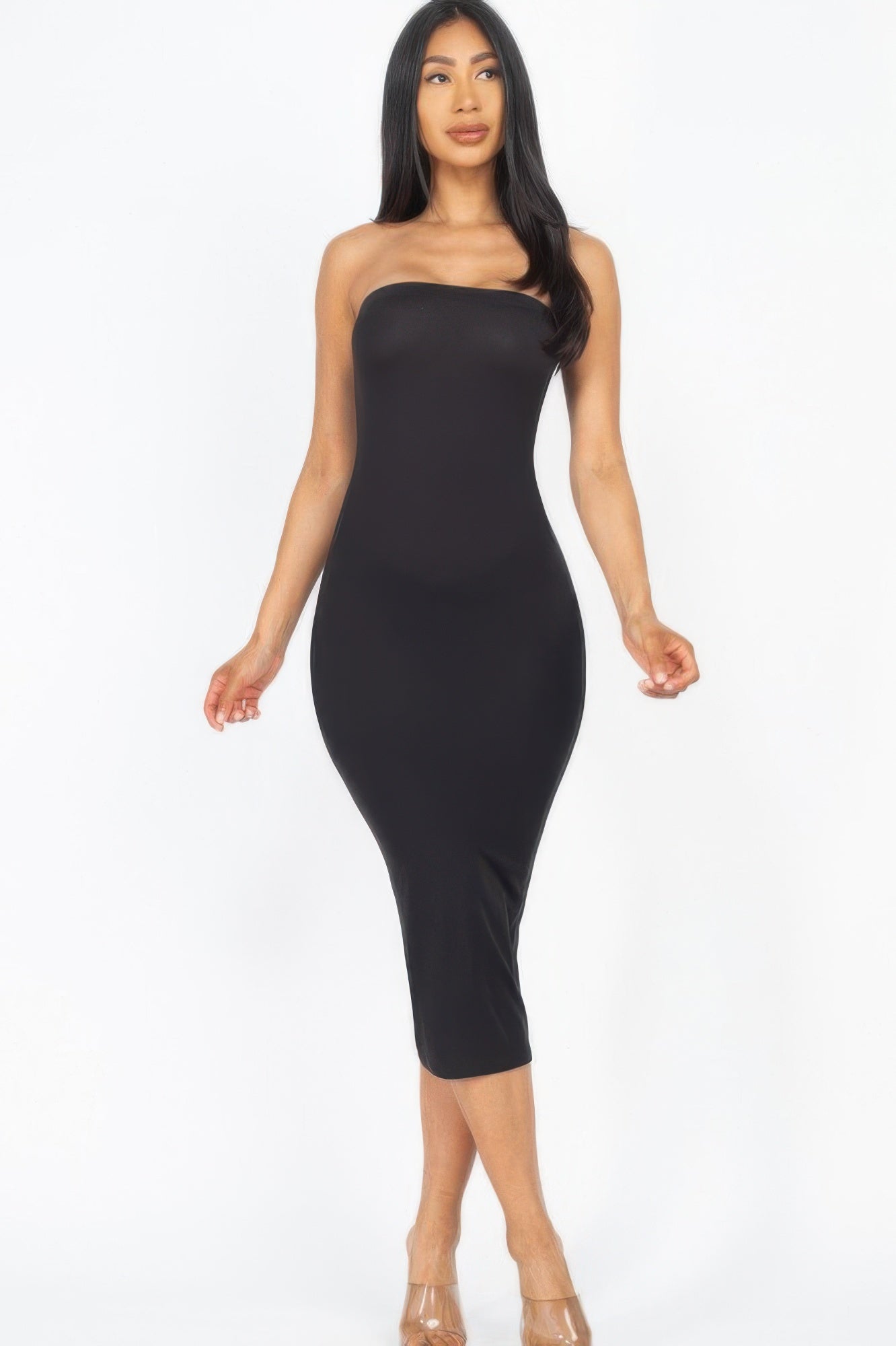 Black strapless tube bodycon midi dress by Golden Heir, fitted design with sleek silhouette and elegant style.