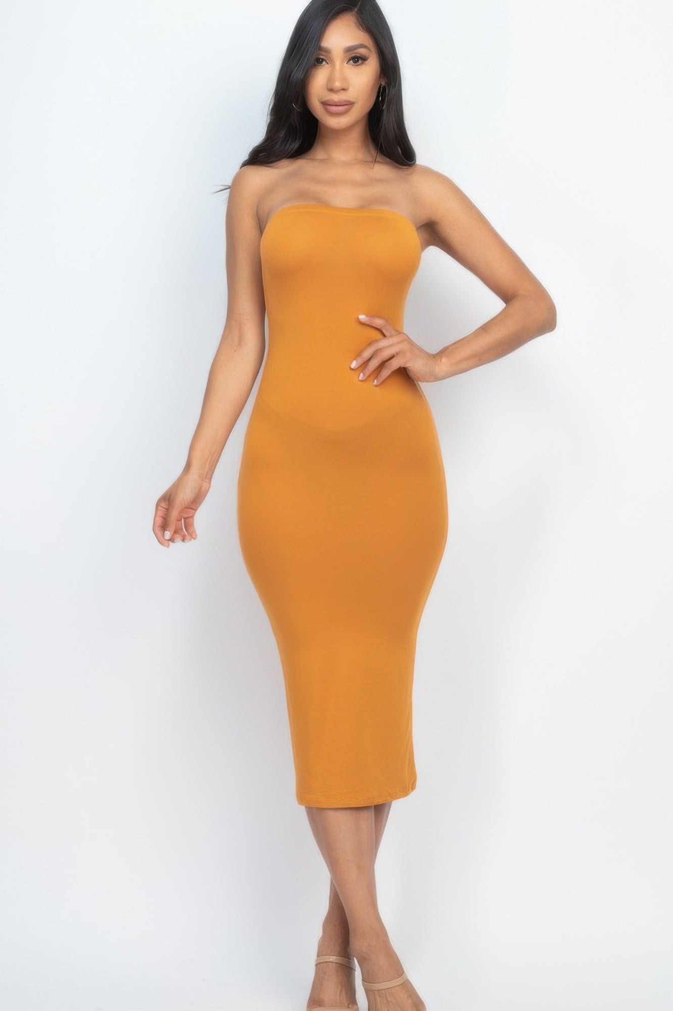 Golden Heir strapless black bodycon midi dress featuring a sleek fit and elegant tube design.