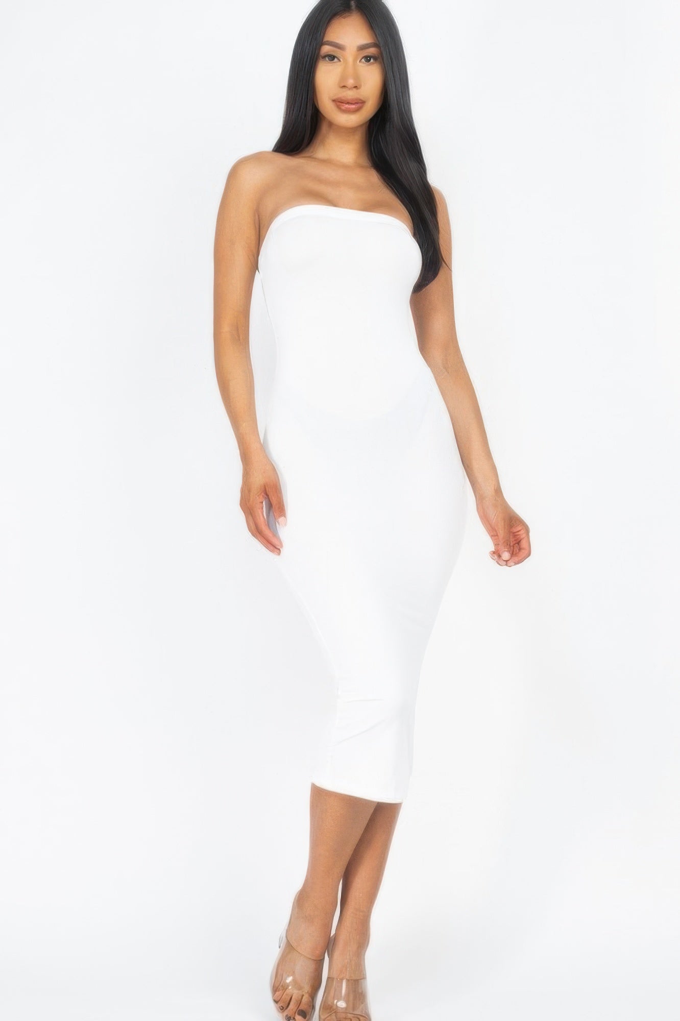 Black Golden Heir strapless tube bodycon midi dress displayed on a model, highlighting its fitted silhouette and elegant design.