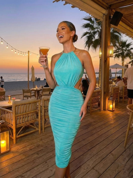 Golden Heir gold-detail bodycon midi dress in mint color, showcasing its sleek fit and elegant design.