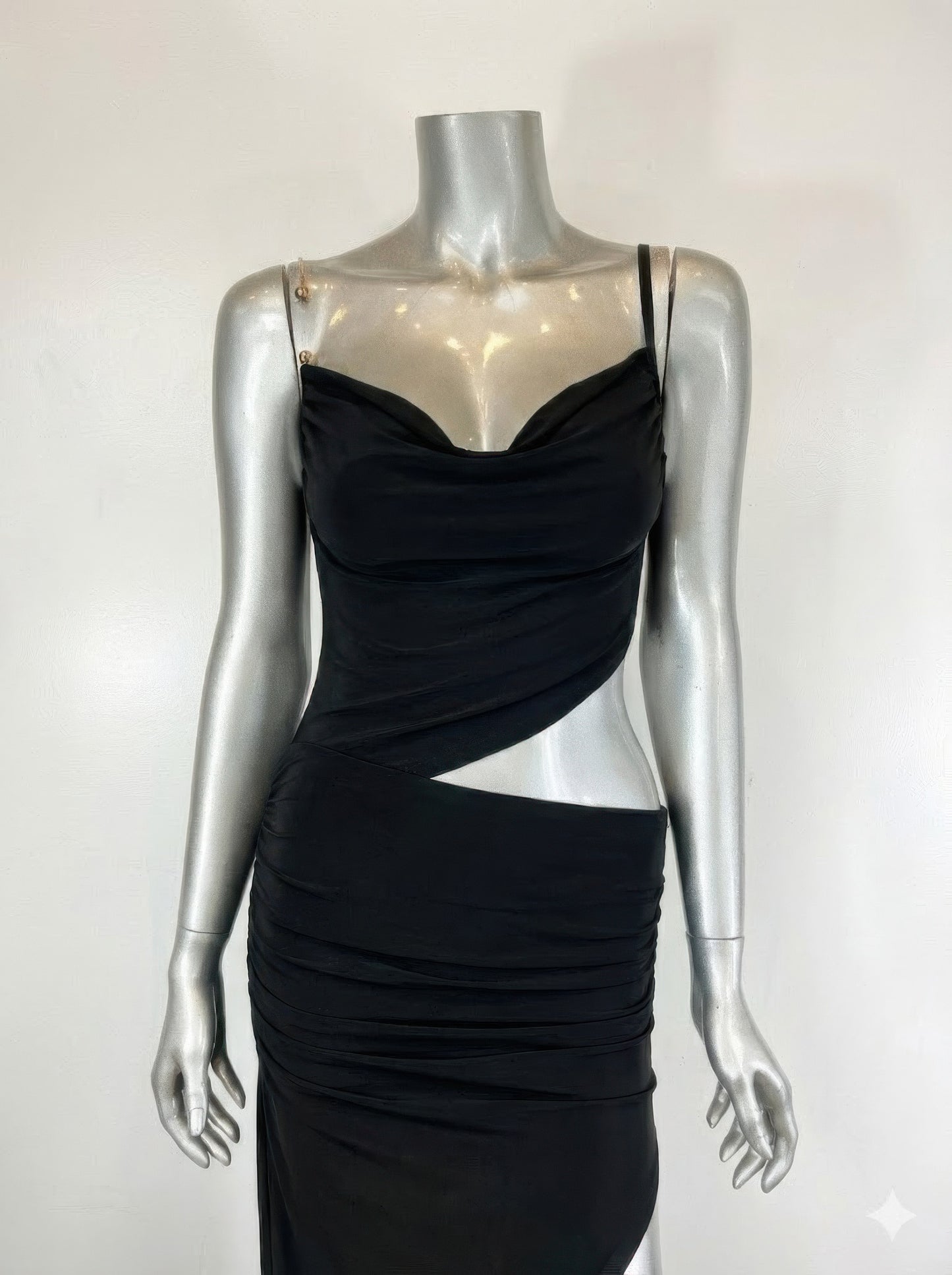 Golden Heir cowl neck chain detail midi bodycon dress, elegant gold-colored evening dress with fitted silhouette and stylish neckline.