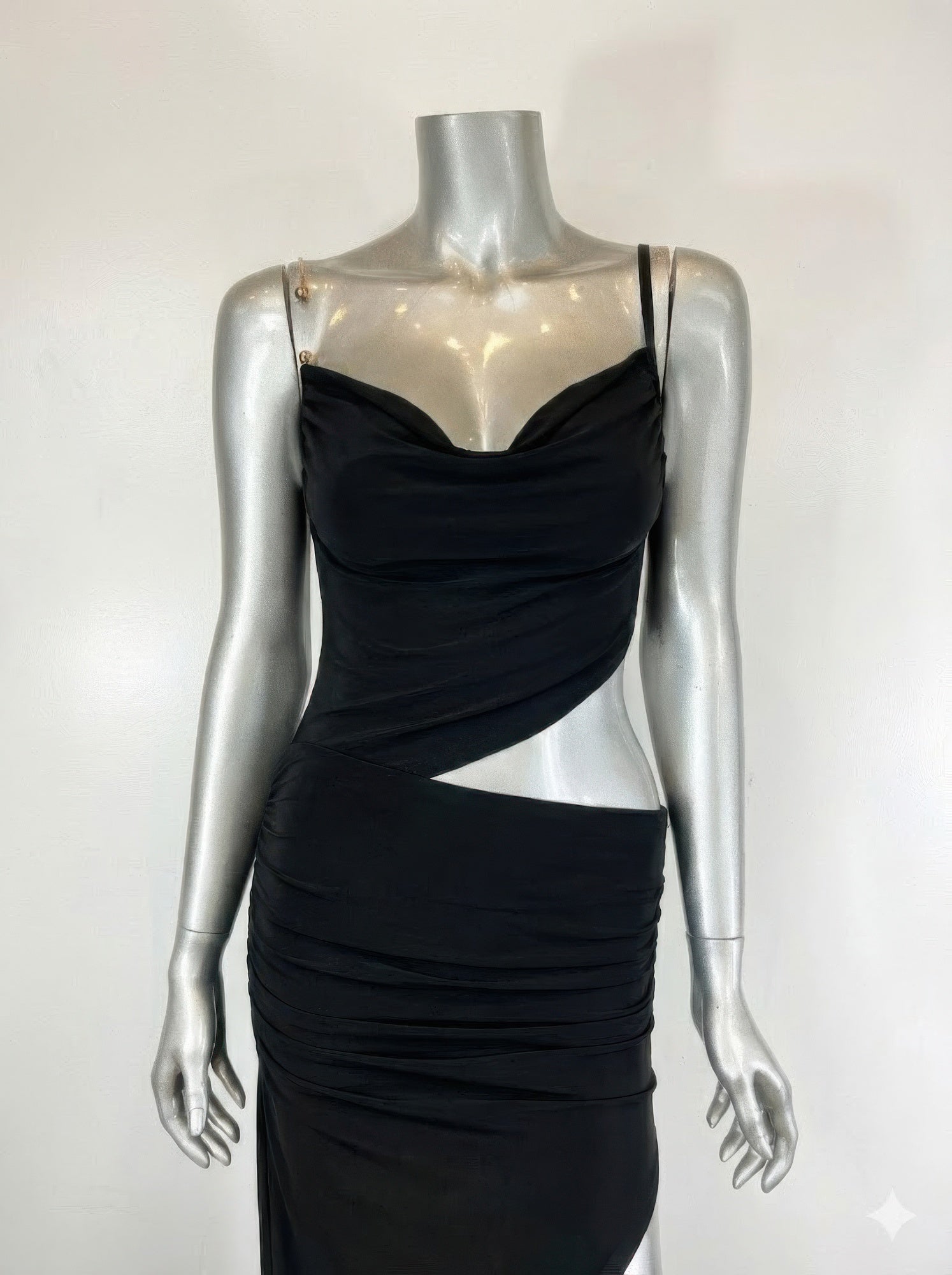 Golden Heir cowl neck chain detail midi bodycon dress, elegant gold-colored evening dress with fitted silhouette and stylish neckline.