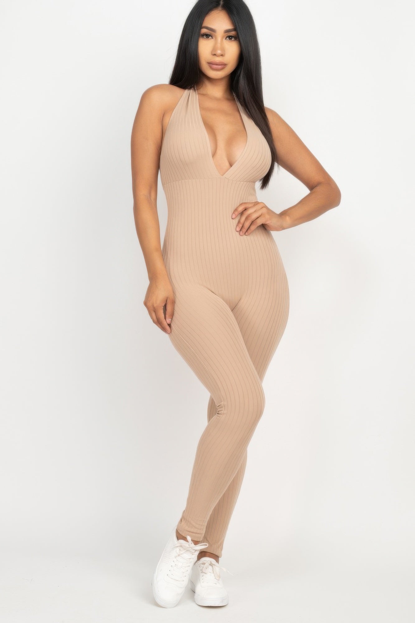 Golden Heir ribbed halter V-neck bodycon jumpsuit in berry color, form-fitting and stylish for a sleek evening look.