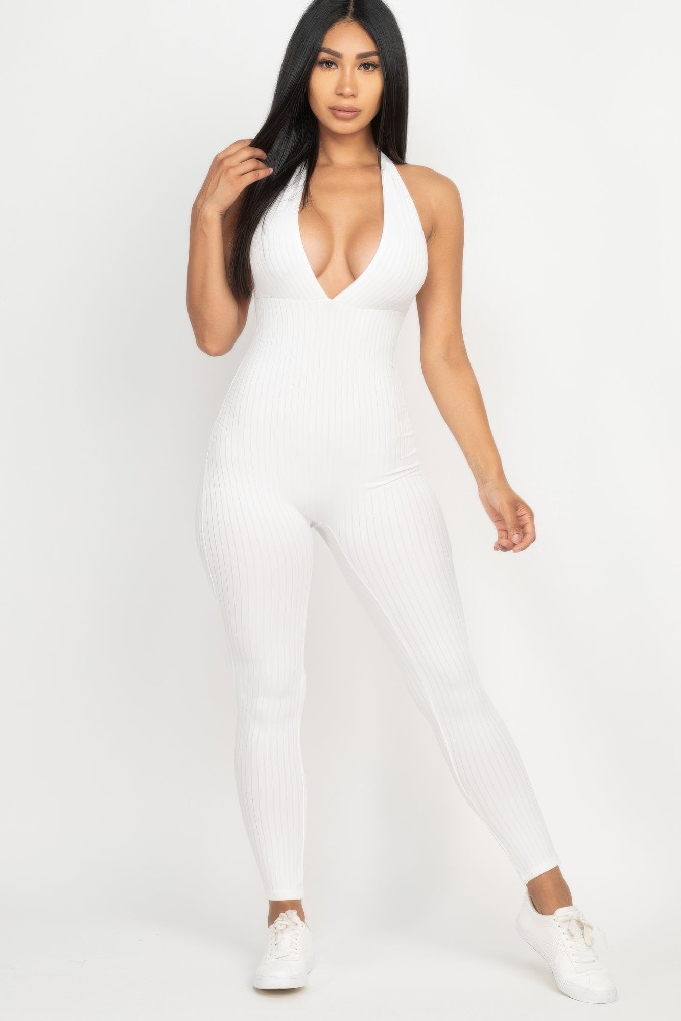 Golden Heir halter V-neck ribbed bodycon jumpsuit in berry color, fitted and stylish for a sleek, modern look.