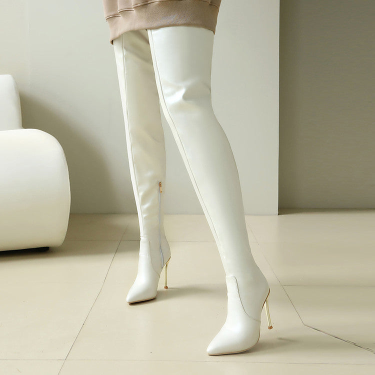 Golden Heir apricot pointed-toe over-the-knee boots with stiletto heels, sleek and slimming footwear for stylish looks.