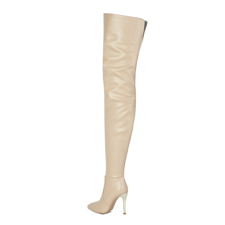 Golden Heir apricot pointed-toe over-the-knee boots with stiletto heels, slim-fitting and stylish for a bold look.