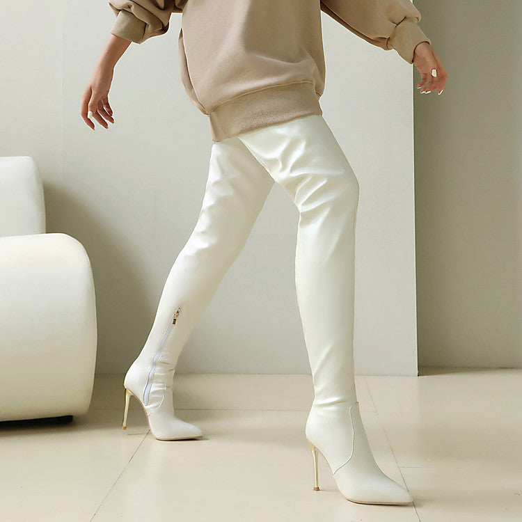 Golden Heir apricot pointed-toe over-the-knee boots with stiletto heels, slim fit, stylish footwear for women.