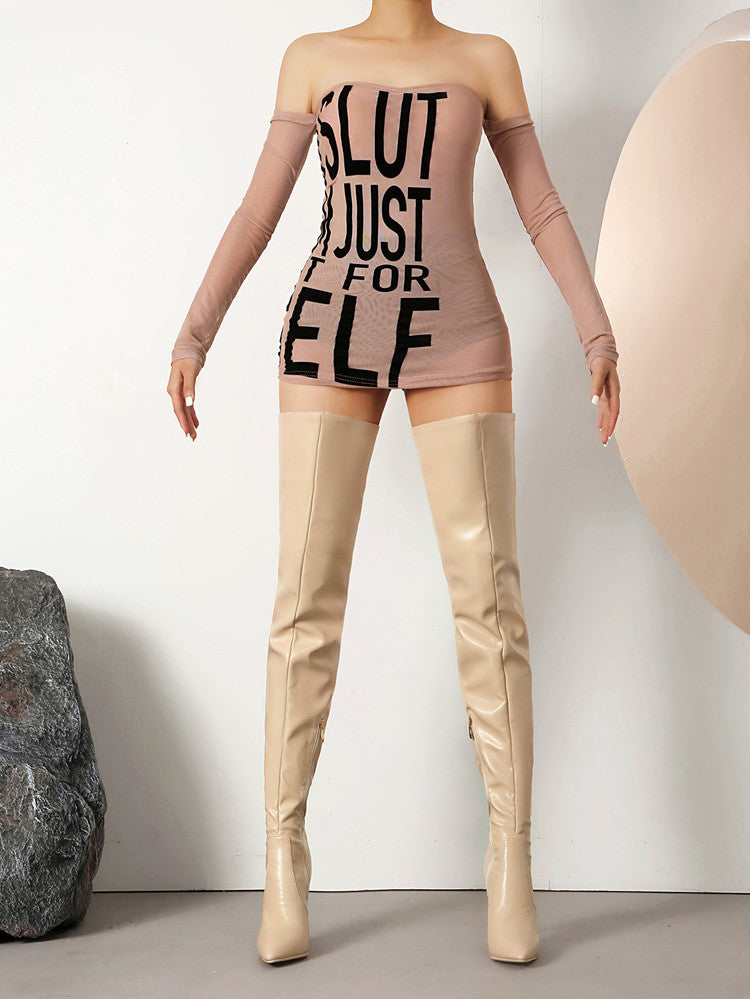 Golden Heir apricot pointed-toe over-the-knee boots with stiletto heels, slim fit and stylish for a sleek, modern look.