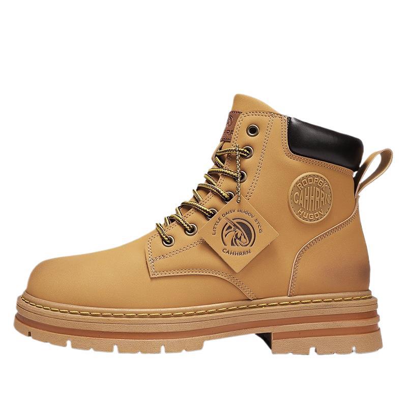 Beige and red men's casual British-style Martens boots by Golden Heir, versatile and stylish leather footwear with sturdy soles.