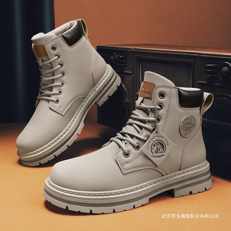 Beige and red men's casual British-style Martens boots by Golden Heir, featuring versatile design and sturdy leather construction.