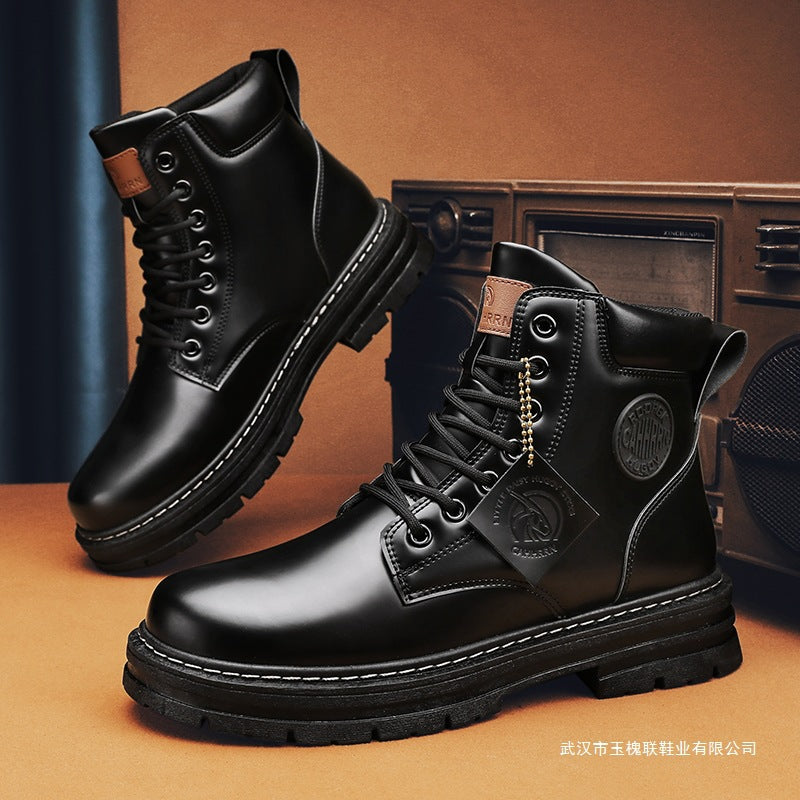 Beige and red men's casual British-style Martens boots by Golden Heir, versatile leather footwear with sturdy soles.