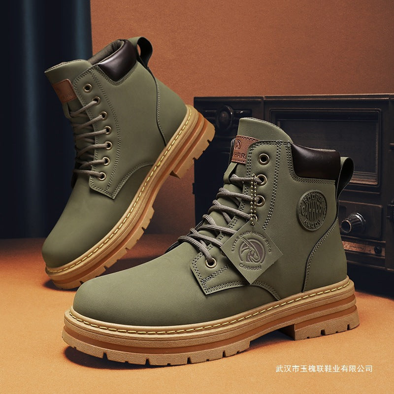 Beige and red men's casual British-style Martens boots by Golden Heir, featuring versatile design and sturdy leather construction.
