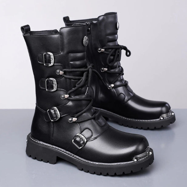 Black high-top riding boots for men, British-style denim vintage equestrian boots by Golden Heir, suitable for autumn and winter.