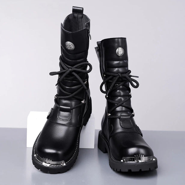 Black Golden Heir men's high-top riding boots with British-style denim and vintage equestrian design for autumn and winter.