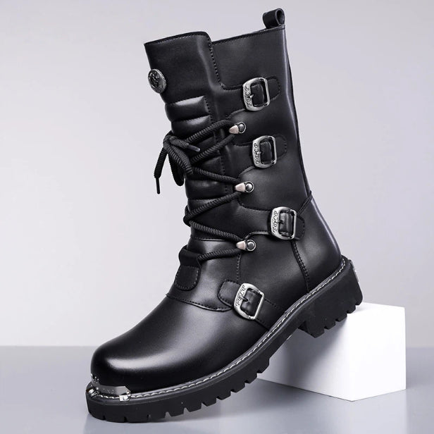 Black men's high-top riding boots by Golden Heir featuring British-style denim vintage design for autumn and winter wear.