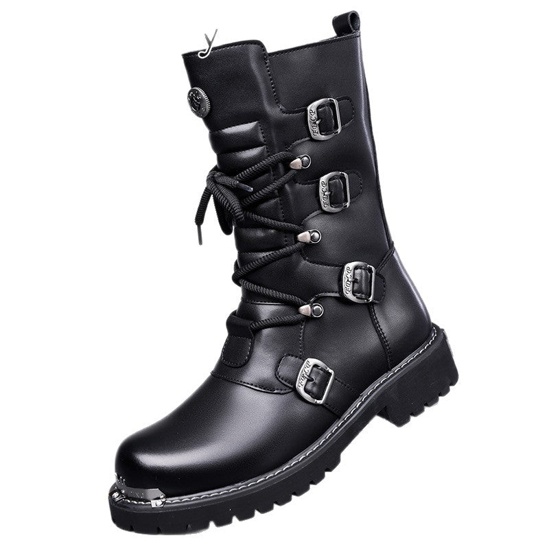 Black Golden Heir high-top riding boots for men, featuring British-style denim and vintage equestrian design, ideal for autumn and winter.