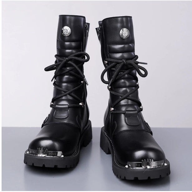 Golden Heir men's black high-top riding boots with British-style denim and vintage equestrian design for autumn and winter.